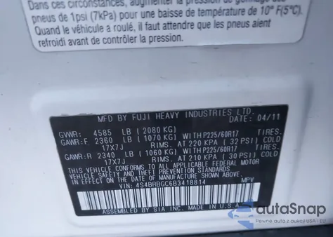 2011 Subaru Outback 2.5I Premium from USA, damaged, VIN 4S4BRBGC6B3418814